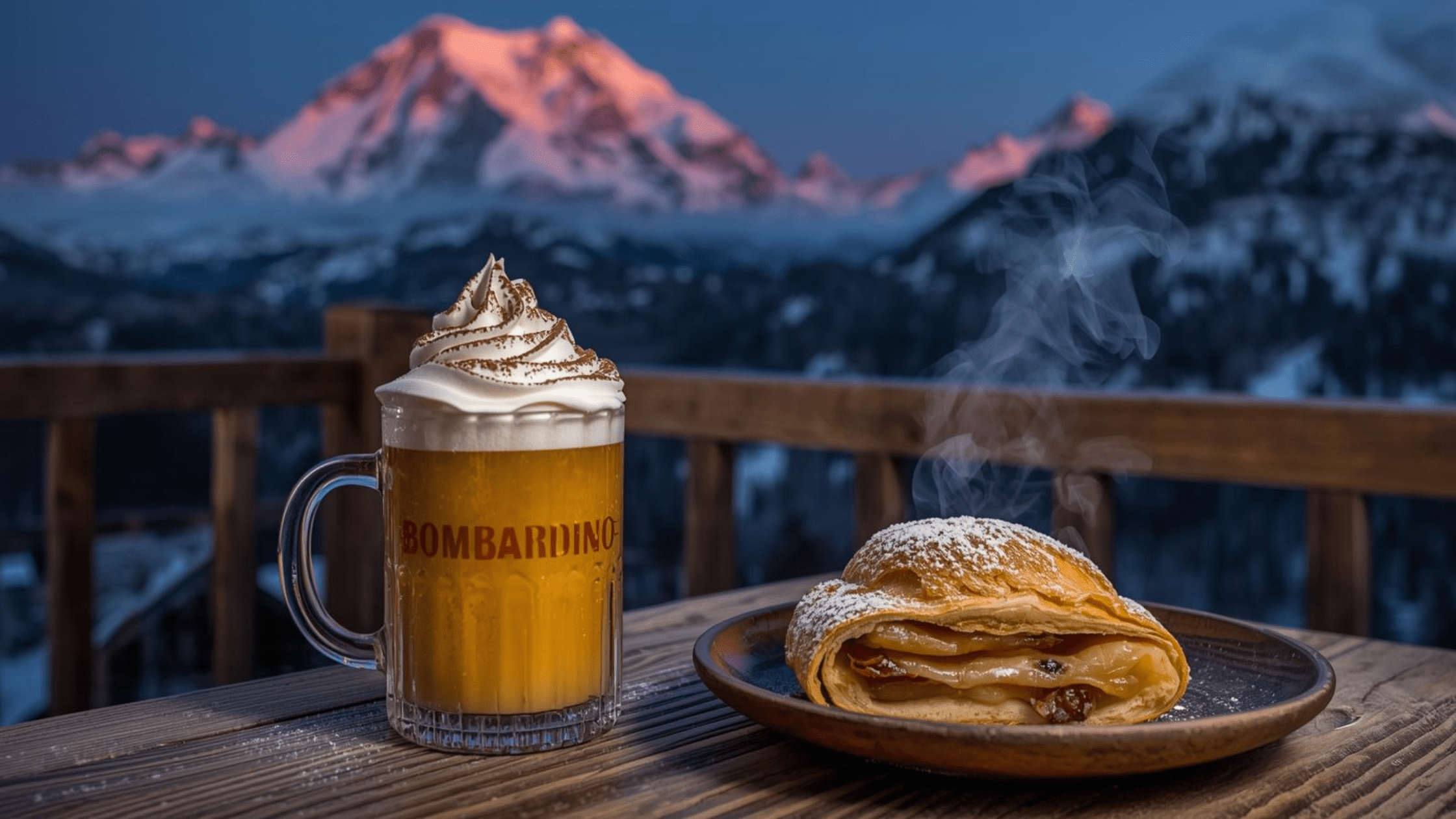 Bombardino caldo con panna e strudel di mele su un tavolo di un rifugio a Cortina durante il fenomeno dell'Enrosadira sulle Tofane al tramonto.