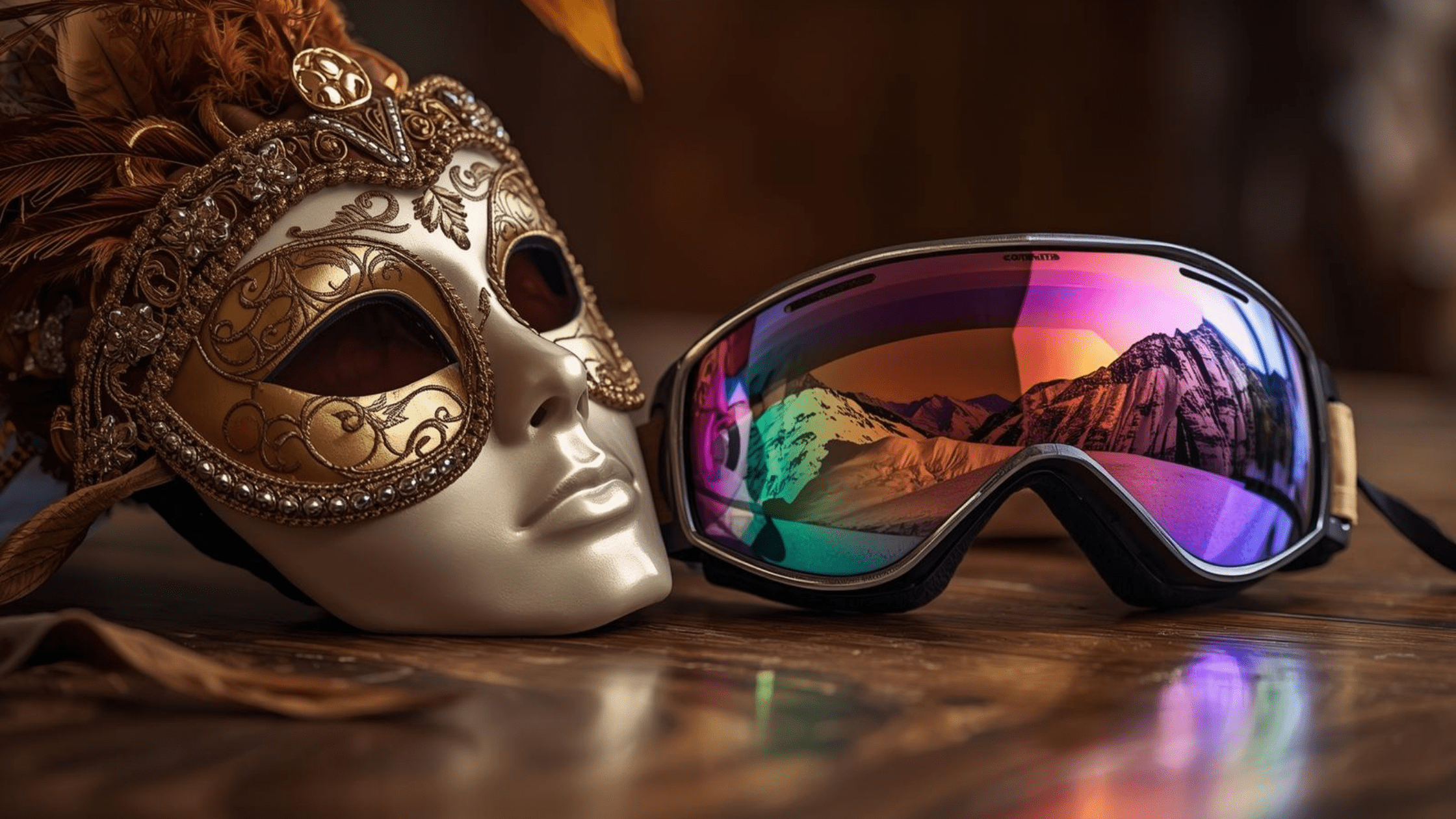 Carnival mask and ski goggles together, symbol of the Venice and Cortina 2026 trip.