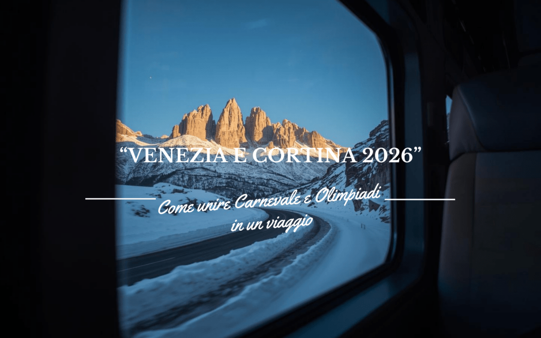 Vista delle Dolomiti innevate dal finestrino durante il viaggio di collegamento tra Venezia e Cortina 2026.