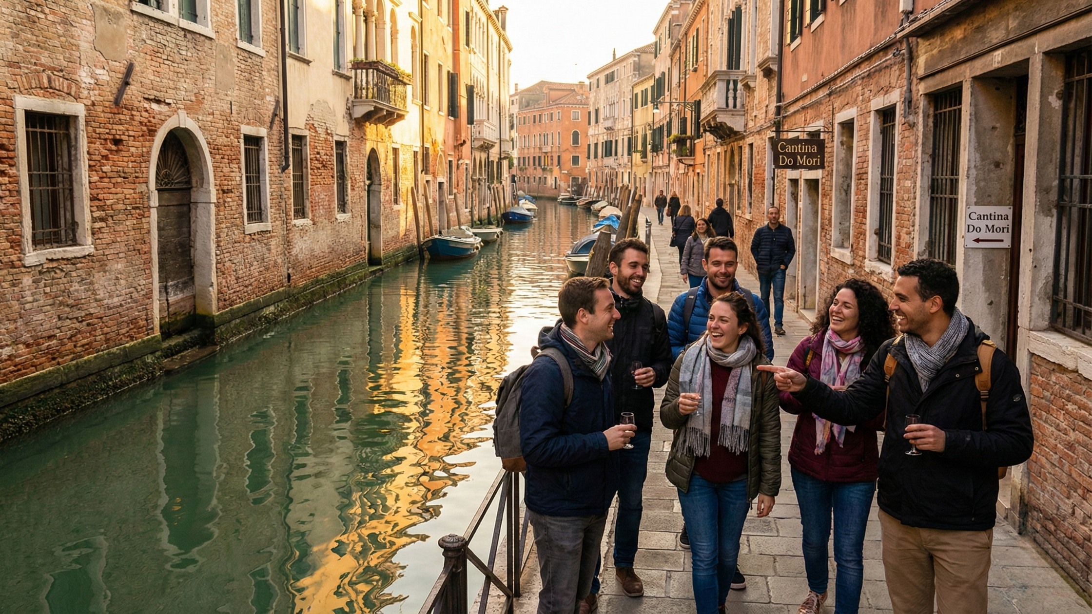 Bacaro Tour 2 Gruppo di amici passeggia tra i canali di Venezia durante un Bacaro Tour.