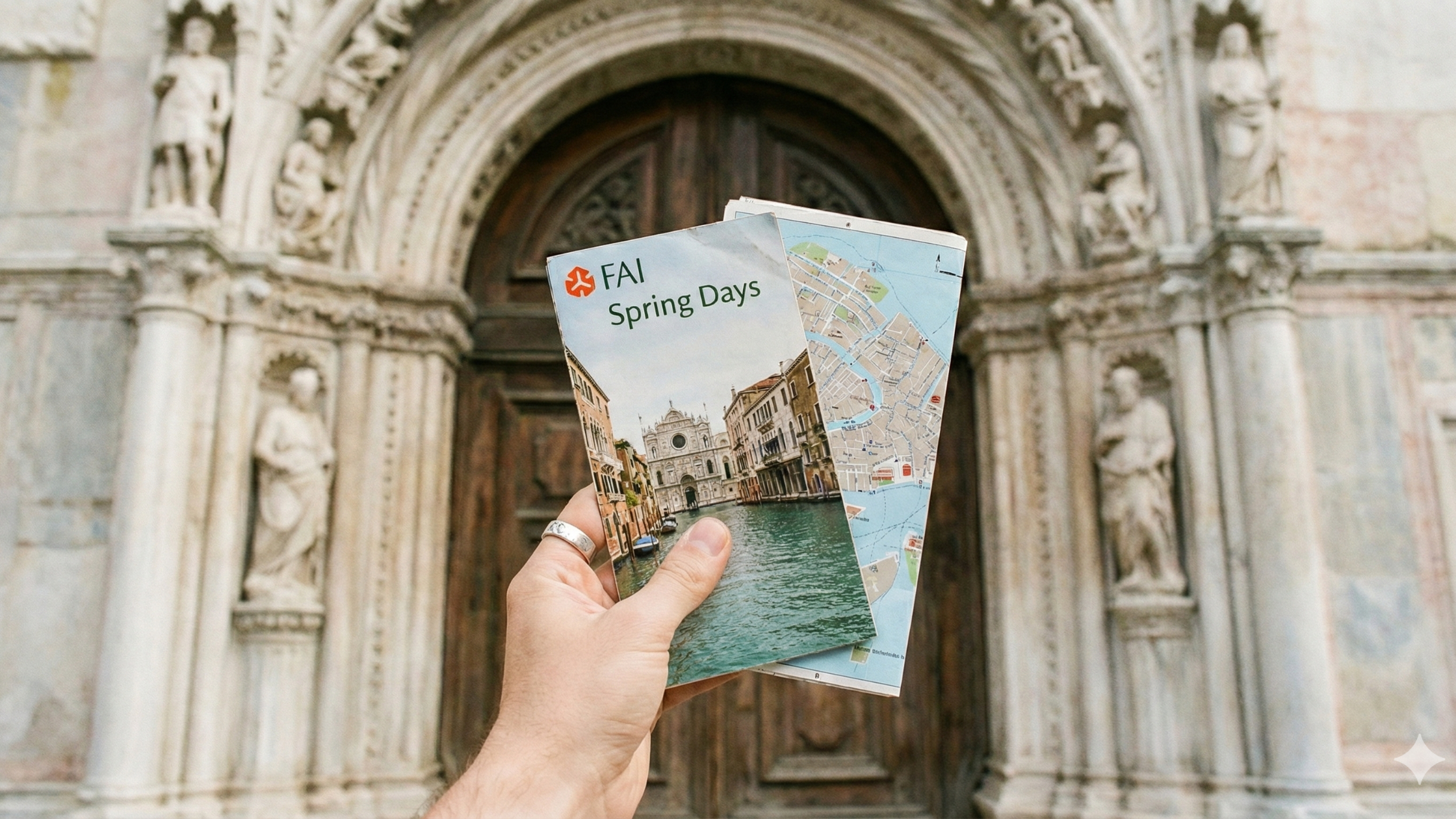 Giornate FAI 2 Dettaglio di un viaggiatore con brochure FAI e mappa di Venezia davanti all'ingresso monumentale di un palazzo storico.