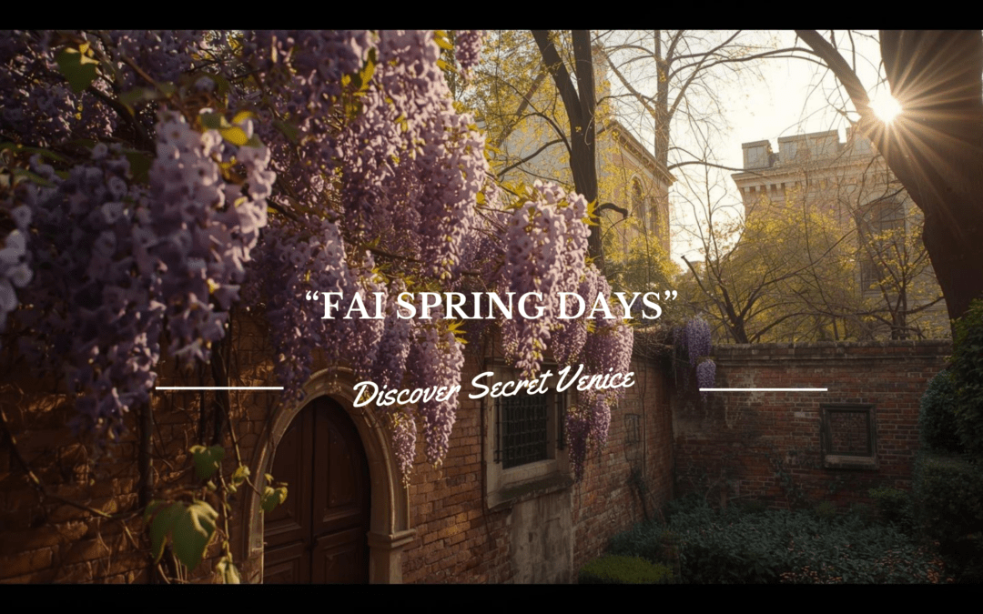 Cinematic view of a secret Venetian garden with blooming wisteria and Gothic architecture during FAI Spring Days.