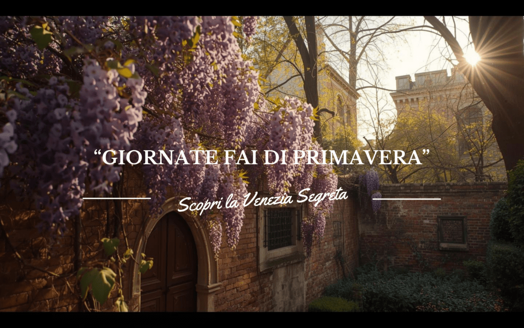 Vista cinematografica di un giardino segreto veneziano con glicine in fiore e architettura gotica durante le Giornate FAI.