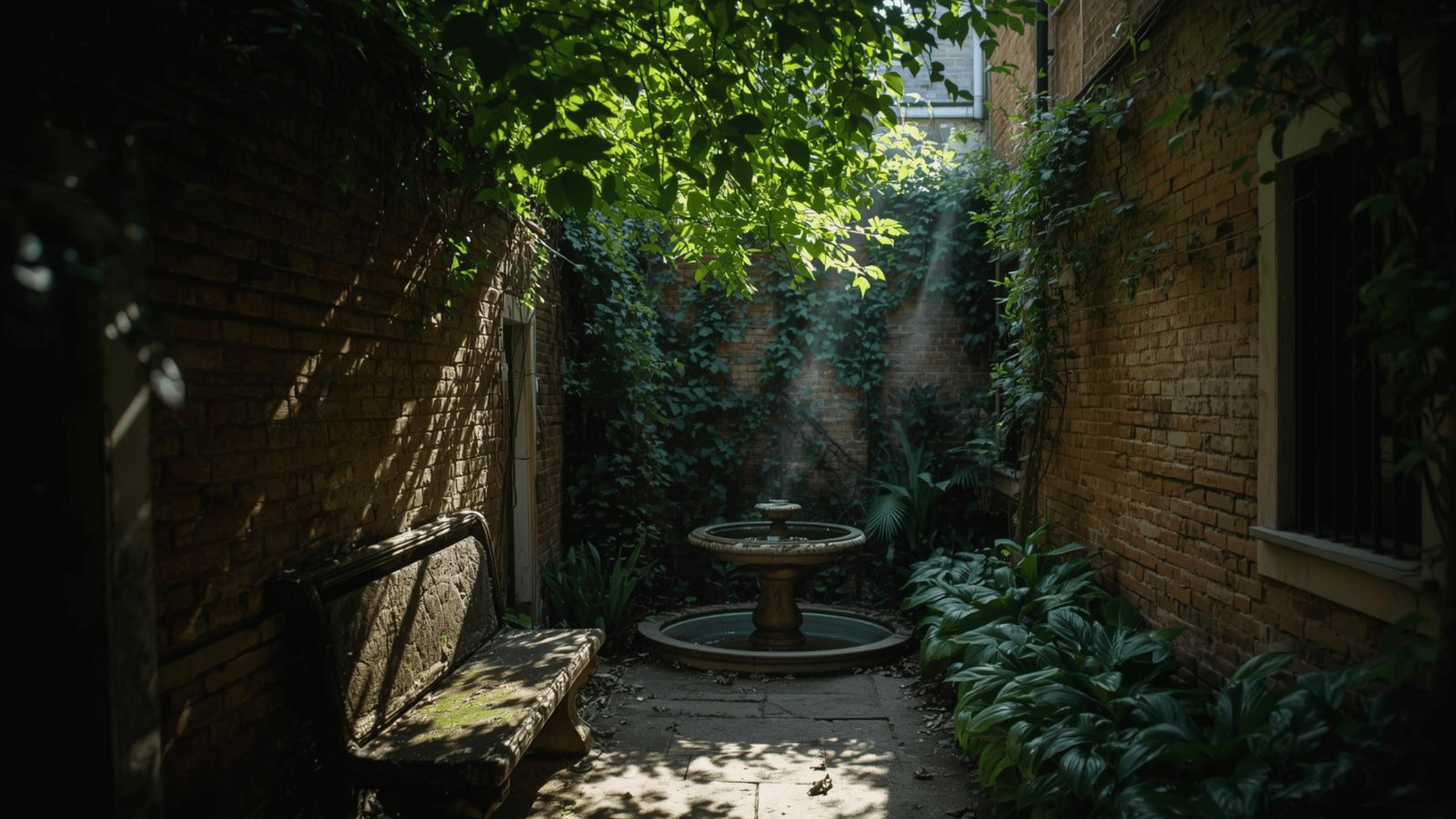 Un angolo tranquillo e nascosto di un antico giardino veneziano, con una panchina di pietra e luce filtrata tra gli alberi a San Giorgio Maggiore.